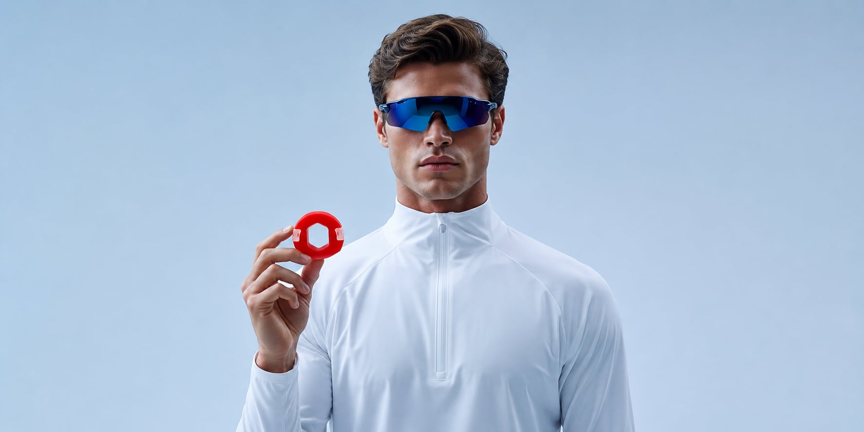An athlete holding the red JAWMAX mewing ring