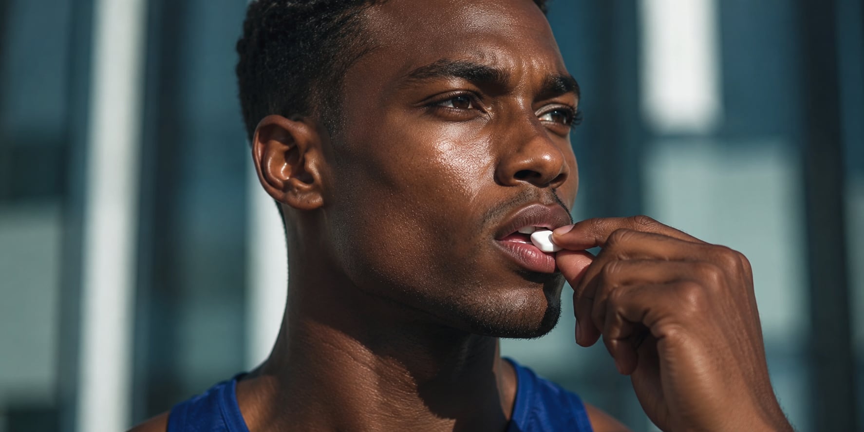 An athlete placing a piece of JAWMAX training gum in his mouth